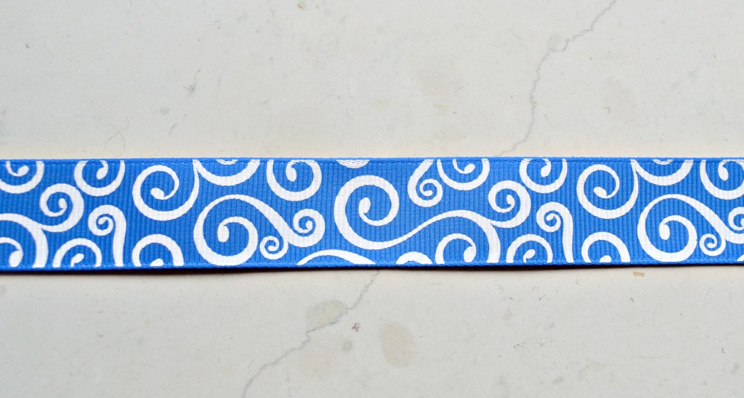 Elegant white swirls on royal blue 7/8" grosgrain ribbon Il_170x135