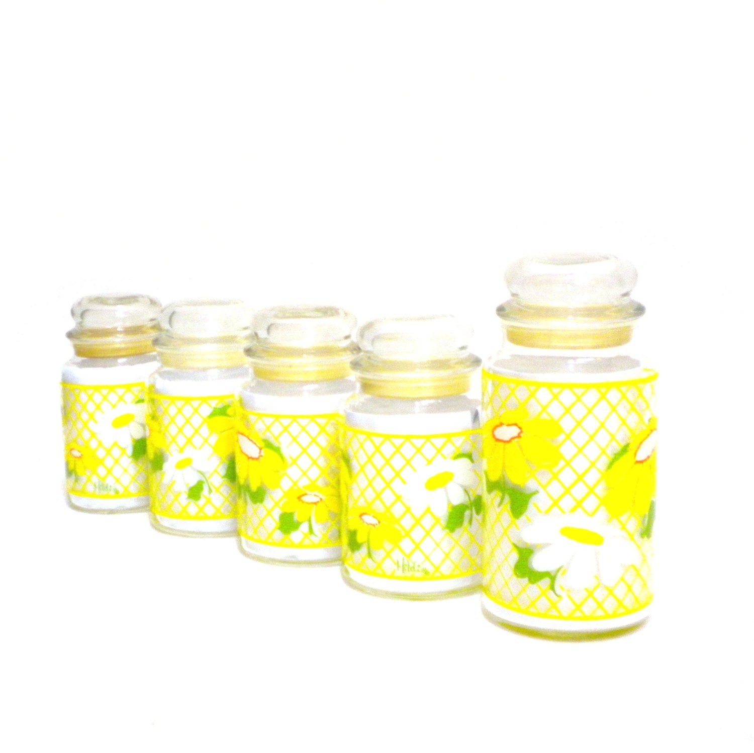 Vintage Hildi Daisy Canisters Glass Apothecary Jars 5 Yellow