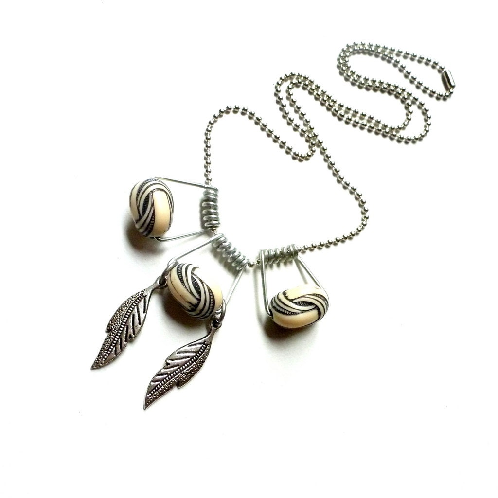Knots And Leaves Necklace, Faux Ivory Beads In Stunning Carved Knot Design, Antique-silver-finish Leaves, Steel Ball Chain