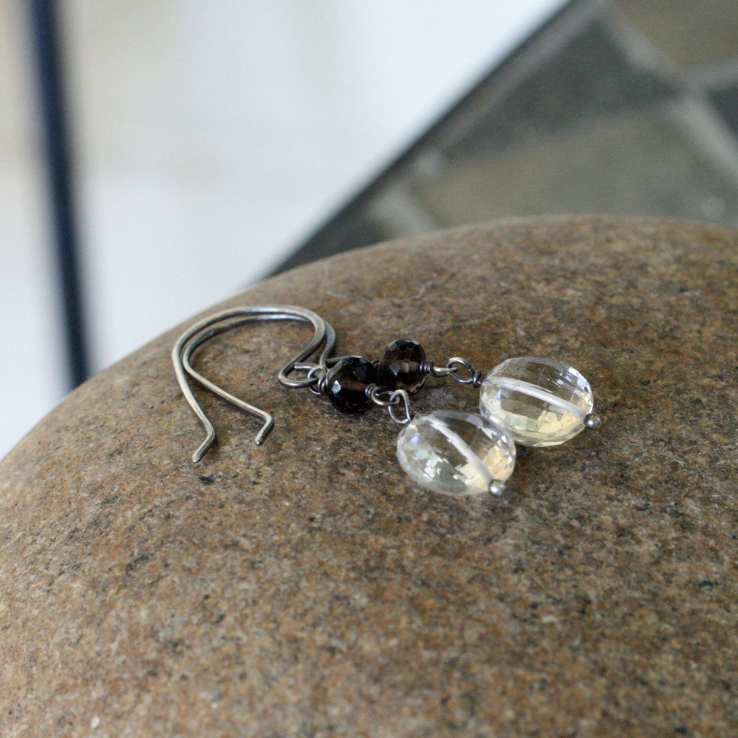 rock crystal and smoky quartz drop earrings