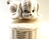 White Ceramic Dog Trinket Box - Puppy and Basket