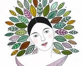 Original Watercolor And Ink Painting Multicolored Green Violet Woman Lady Princess Leaves Leaf Graphic Art Portrait