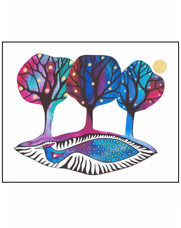 10" x 8" Art Print Illustration Painting Ink And Watercolour Trees Bird Art Red Green Blue Stylised Art Nature