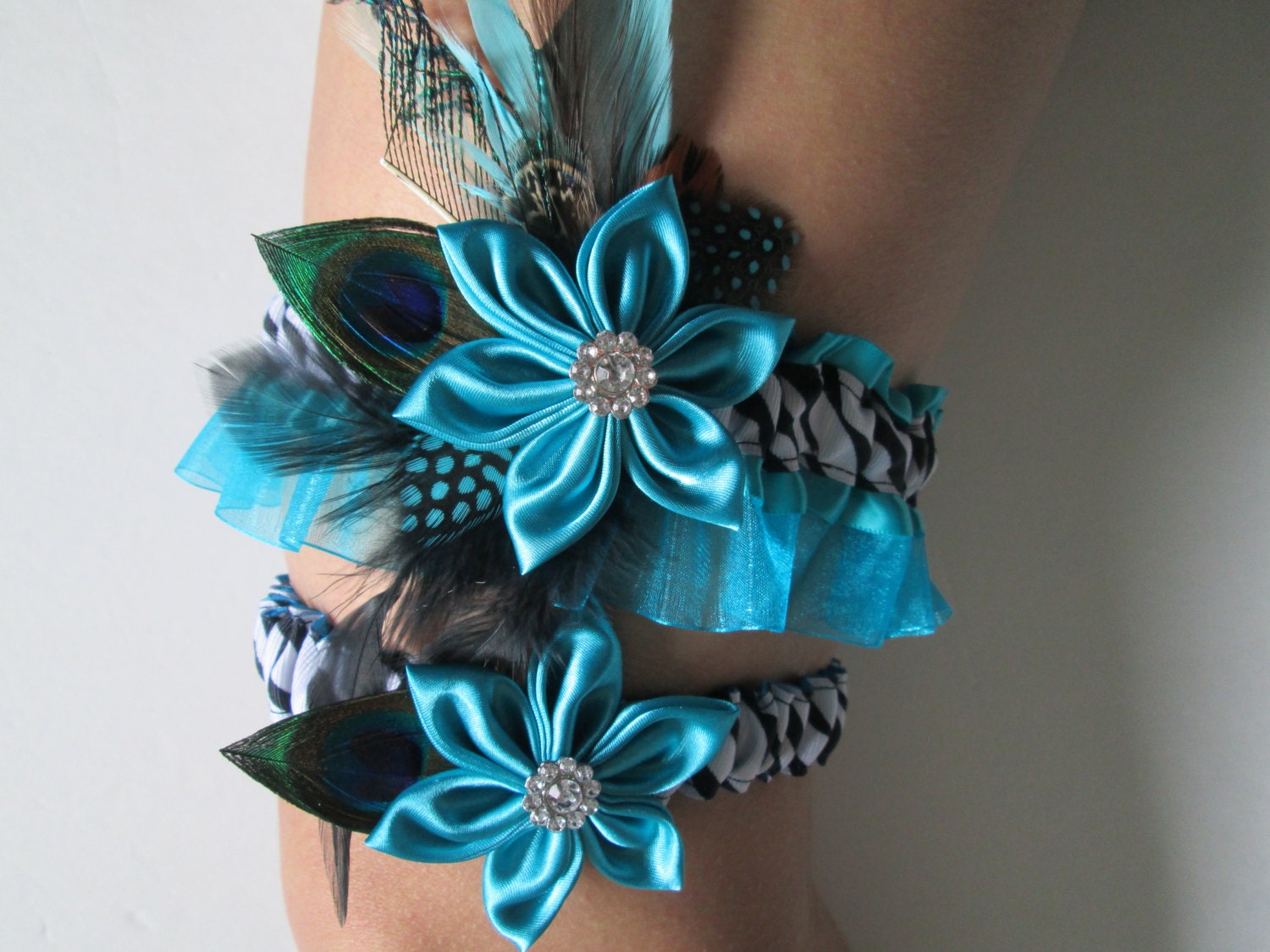 Bridal Wedding Garters, Zebra Garters, Turquoise Garters, Teal Blue Satin Garters, Kanzashi Flower, Peacock Garters, Prom Garters