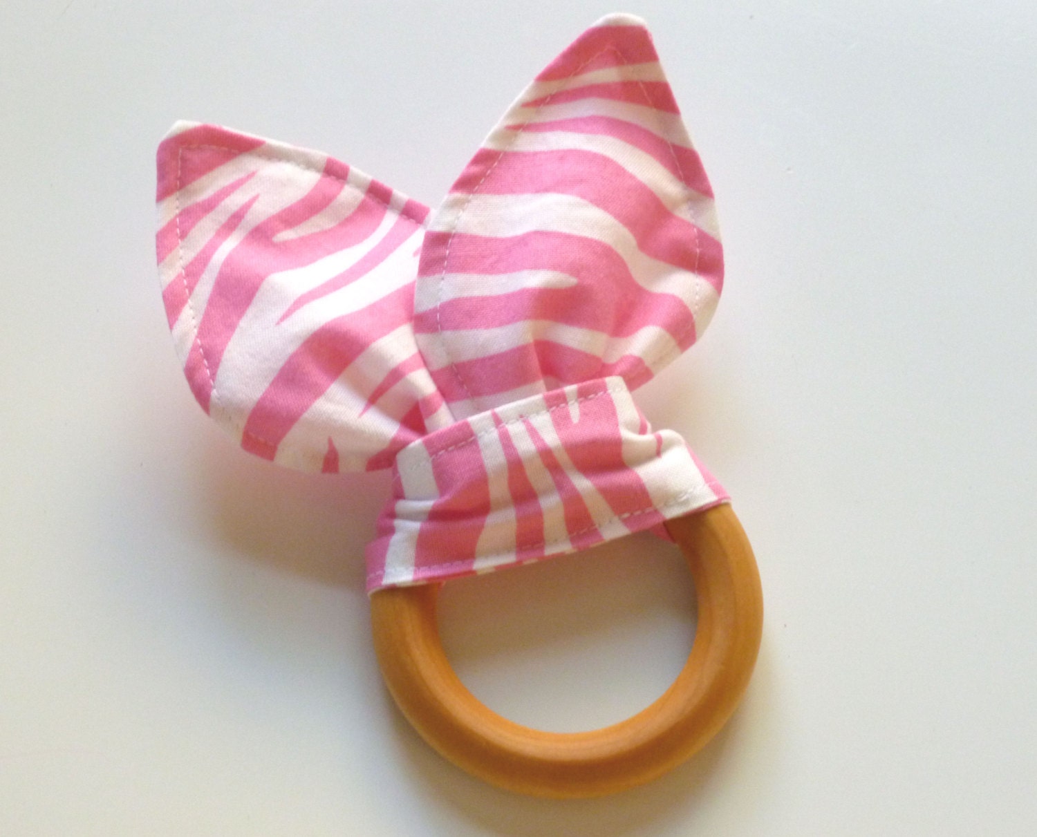Natural Wooden Teething Circle/Crinkle Toy-Pink Zebra Stripe
