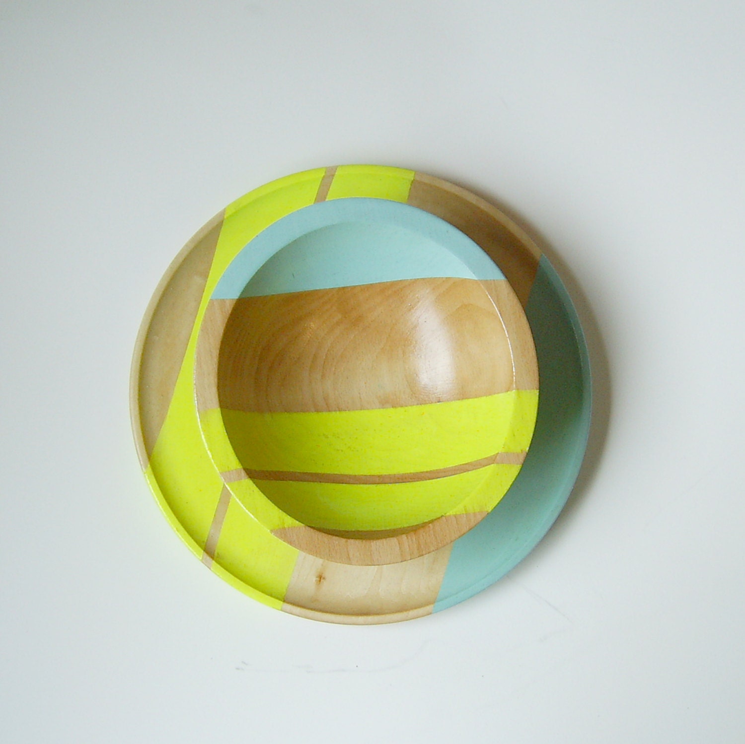 Modern Neon Hardwood 7" Bowl, Yellow & Seafoam