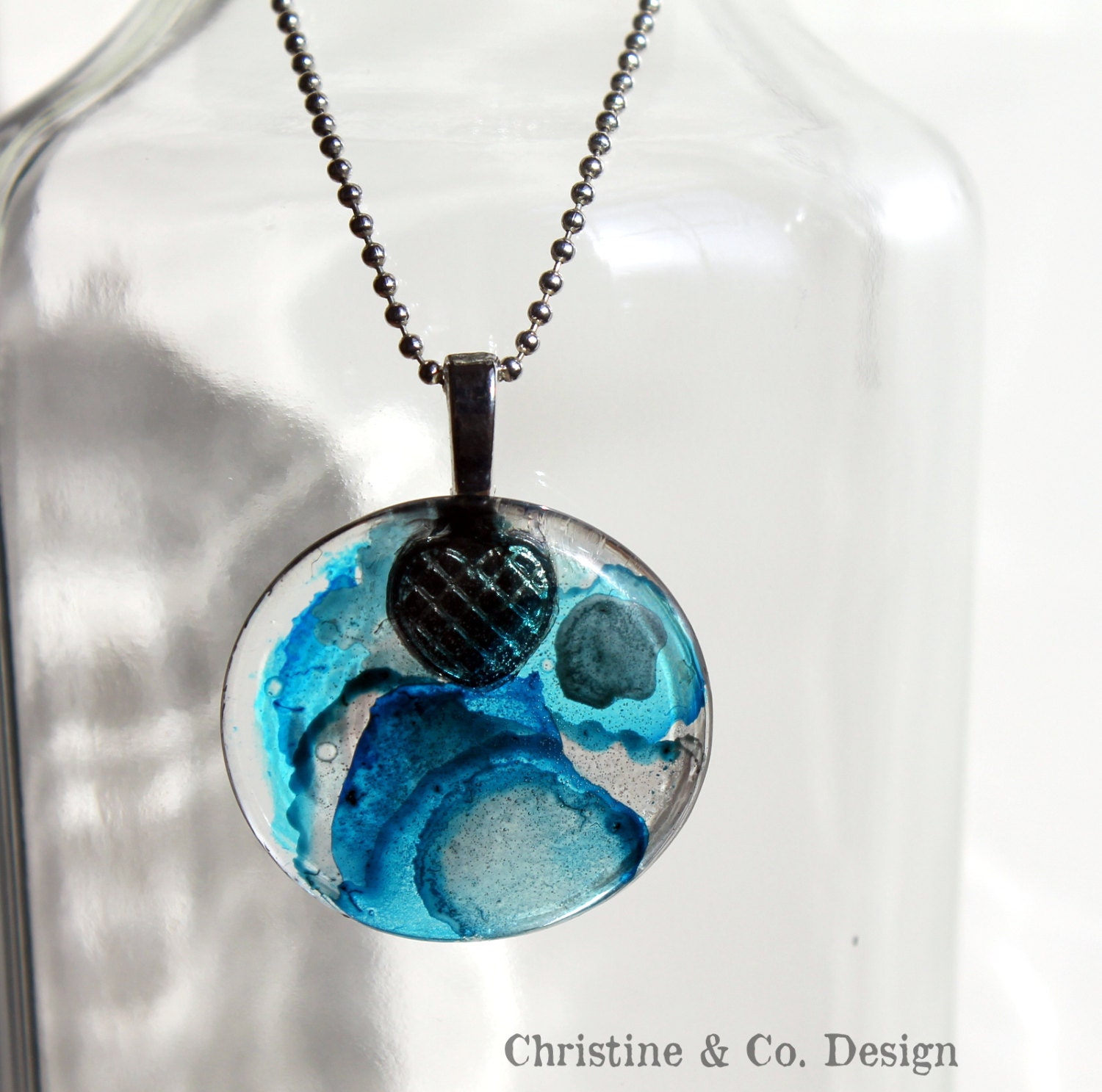 Blue Ink Art on Glass Round Pendant Charm