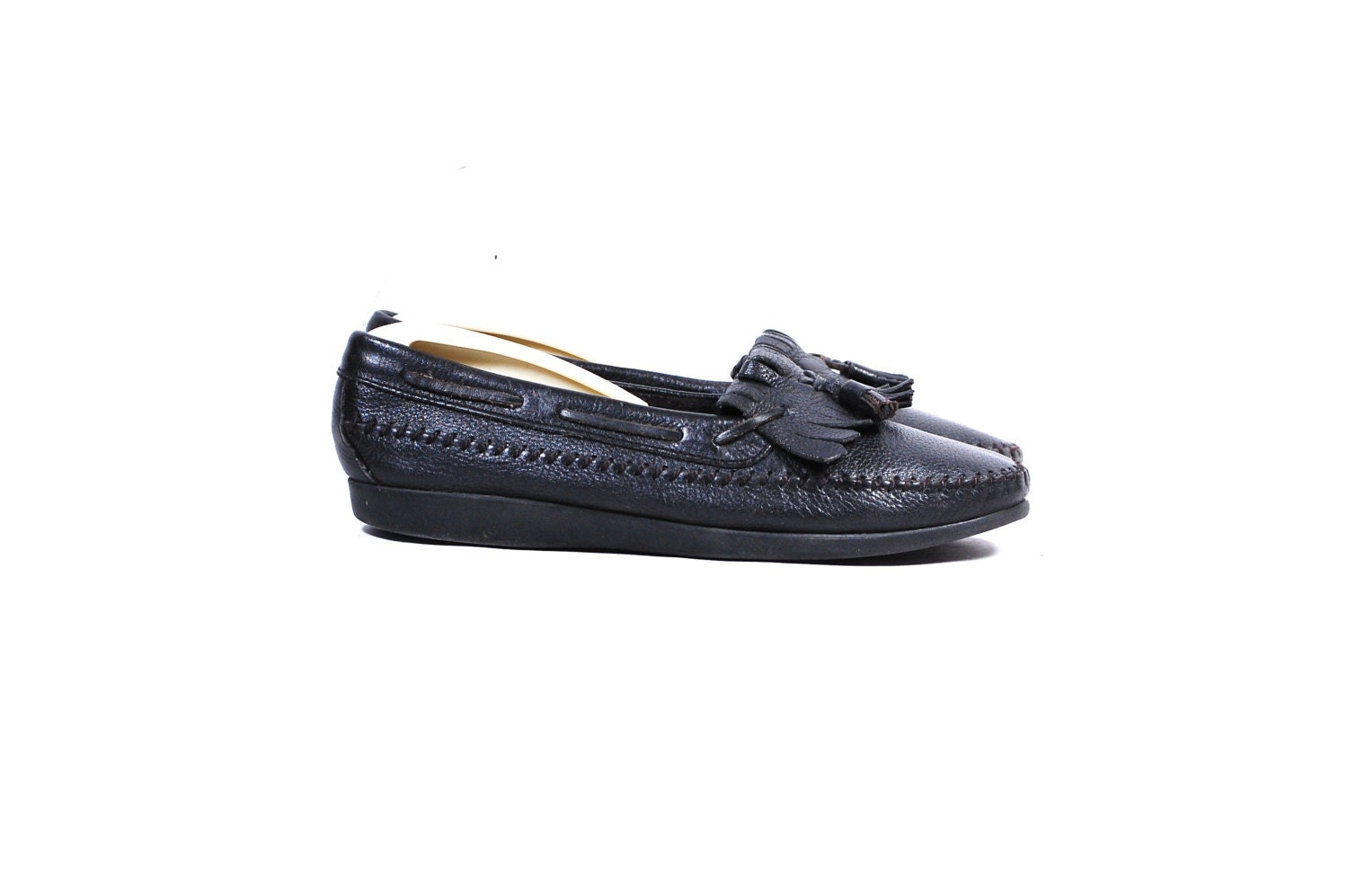 Vintage Womens US 8M Black Leather Naturalizer Boho Slip On Shoes Loafers