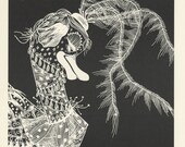 Temptation, Bird, Black and White, Dorle Lindner, Magic Worlds of Fantasy, Antique Print, USA, 1978
