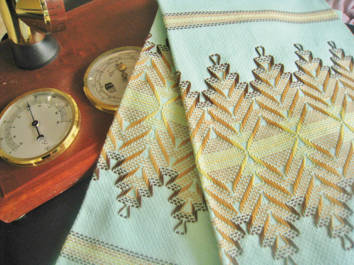 Vintage embroidered Tea towels, Folk art, Mid Century, Chevron, Tribal pattern, Blue and Gold, Set, Spring, Gift, Bathroom, Kitchen, Guest