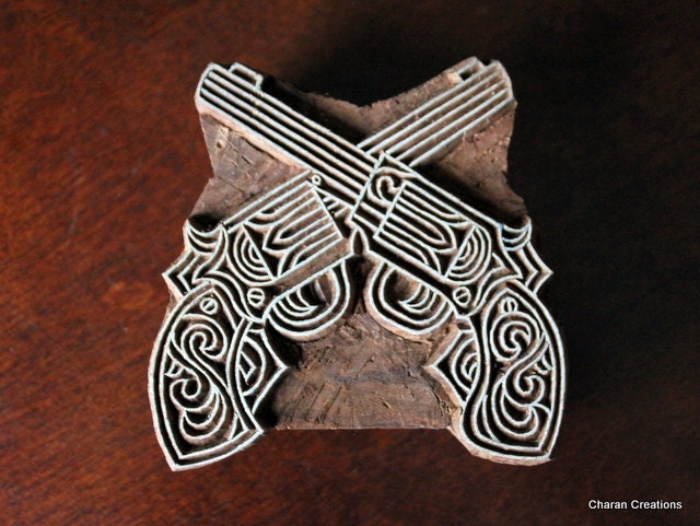 Hand Carved Indian Wood Textile Stamp Block- Steampunk Guns