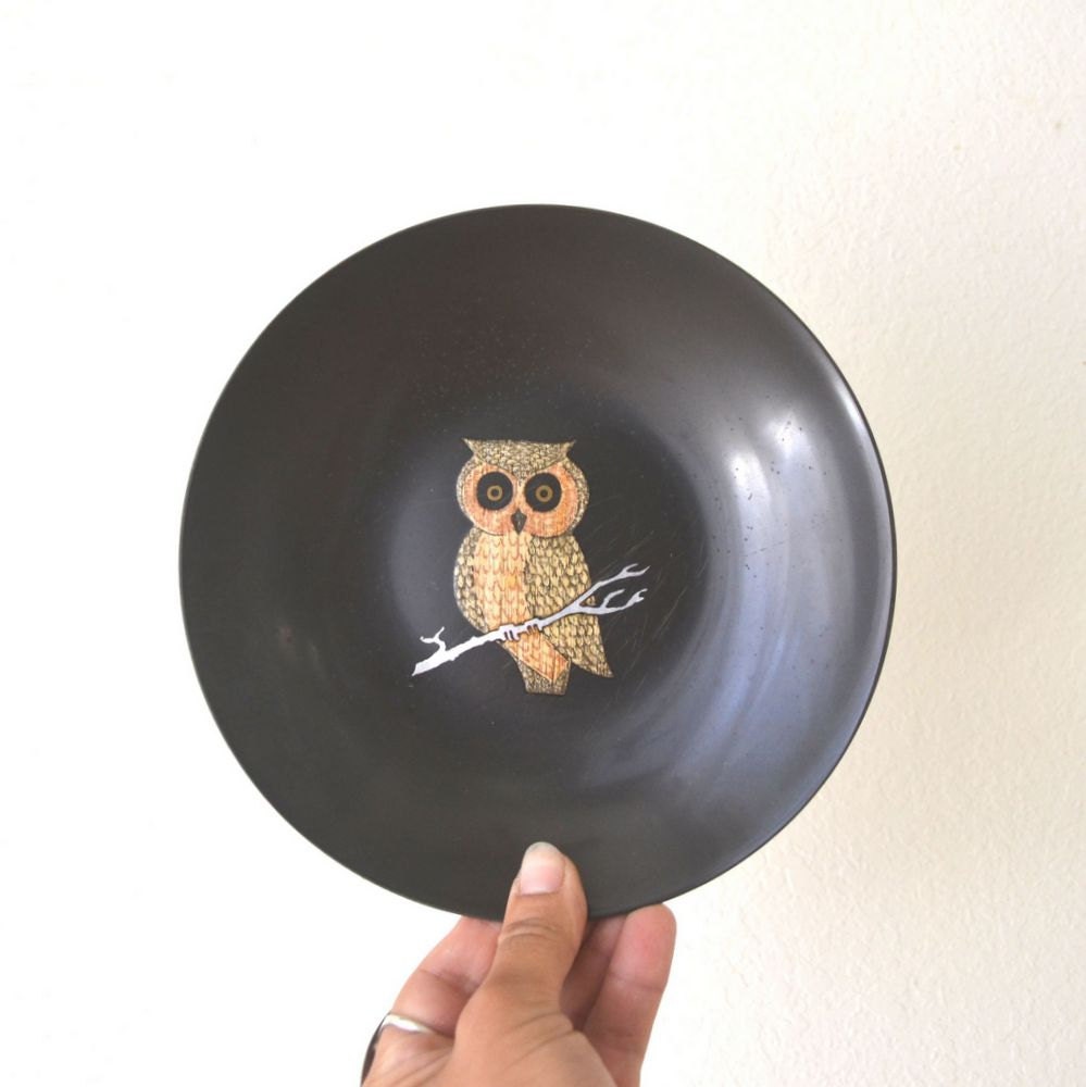Couroc Owl Bowl Vintage Bakelite Mid Century 60s Black Wood Inlay Serving Display Dish