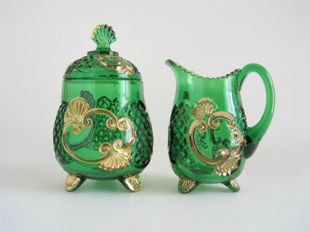 Antique Emerald Green Glass Creamer & Sugar - Victorian Chic