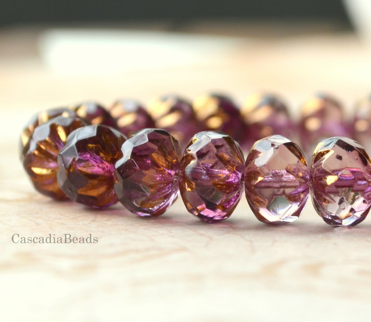 Czech Glass Bead -  Amethyst Gold Picasso  - 10 - Faceted 9x6mm Crullers (cab-368)