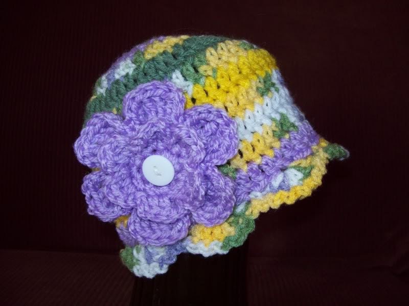 Boutique Crochet Baby Girl's Yellow Lavender White Stripe Beanie Hat Cap 12-24M 16"