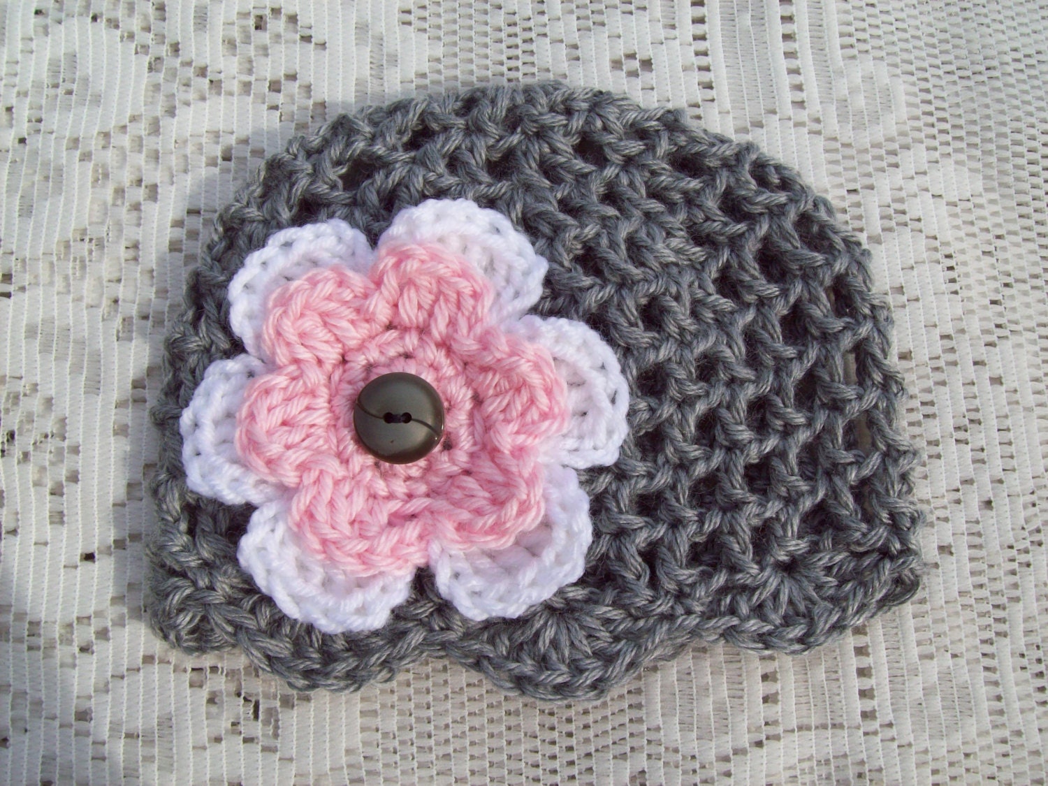 Boutique Crochet Baby Girl's Gray and Pink Beanie Hat Cap 0-3M 13"