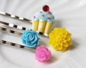 Set of 4 bobby pins with cupcake cabochon and bright flowers to match Colorful and sweet