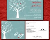 Custom Wedding Invitation Set - Love Birds in Winter Blue and Red - with RSVP postcards and address labels