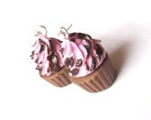 Cupcake Earrings Polymer Clay, Chocolate Icing Raspberry Earrings Dangle Earrings Kawaii Jewelry Funky Earrings
