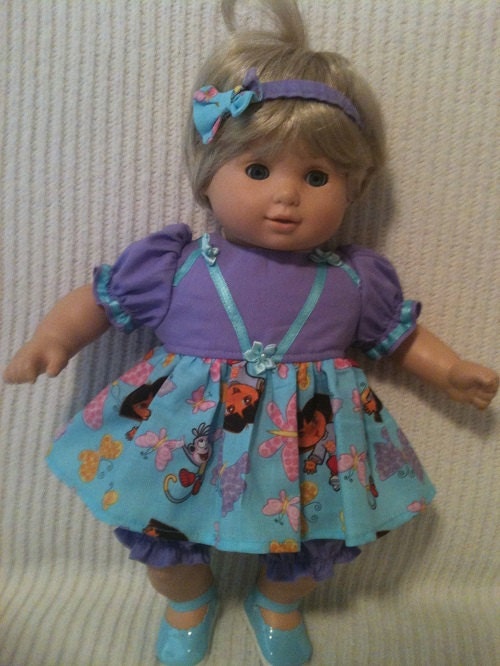 15 inch doll (modeled by Bitty Baby) Dora the Explorer dress, bloomers,and headband