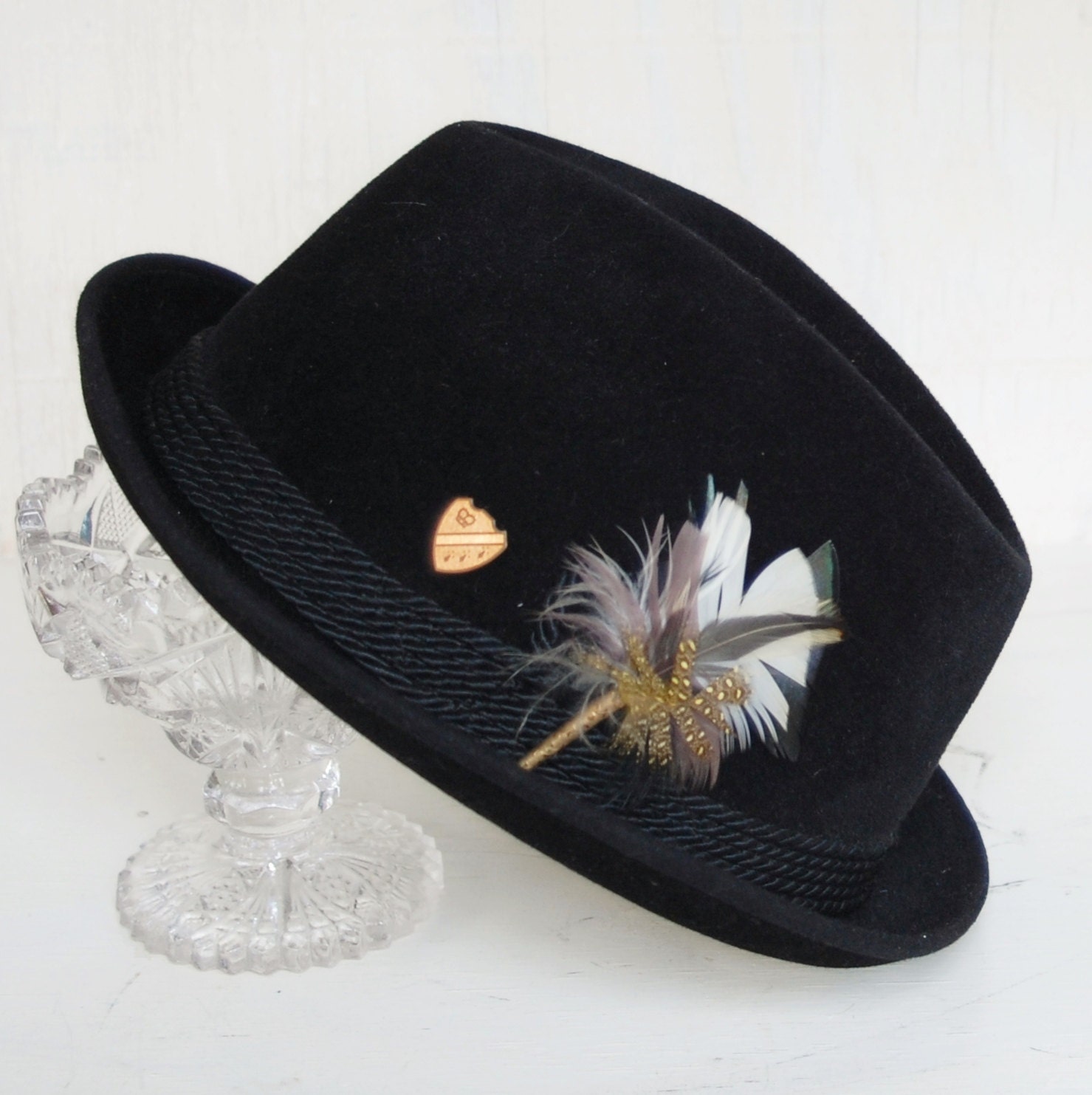 Vintage Black Velour and Feather Fedora by Byron