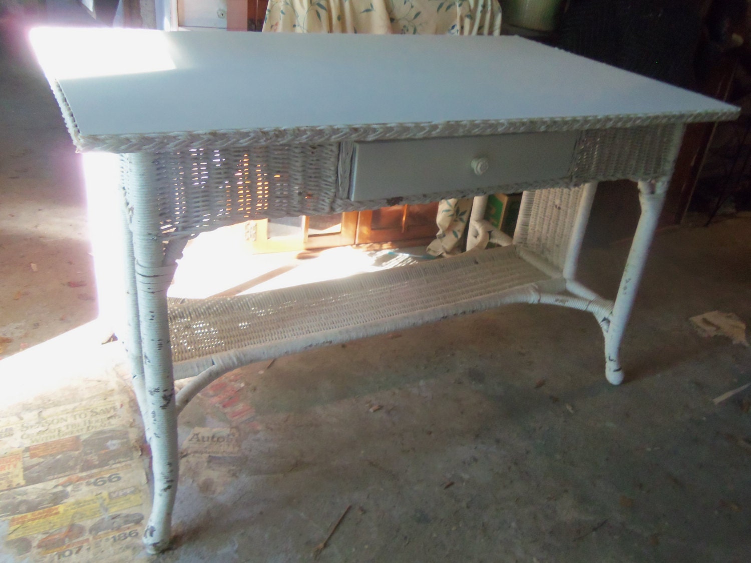 Vintage 1930's White Wicker Table  Desk Oak top and drawer Console Server Table