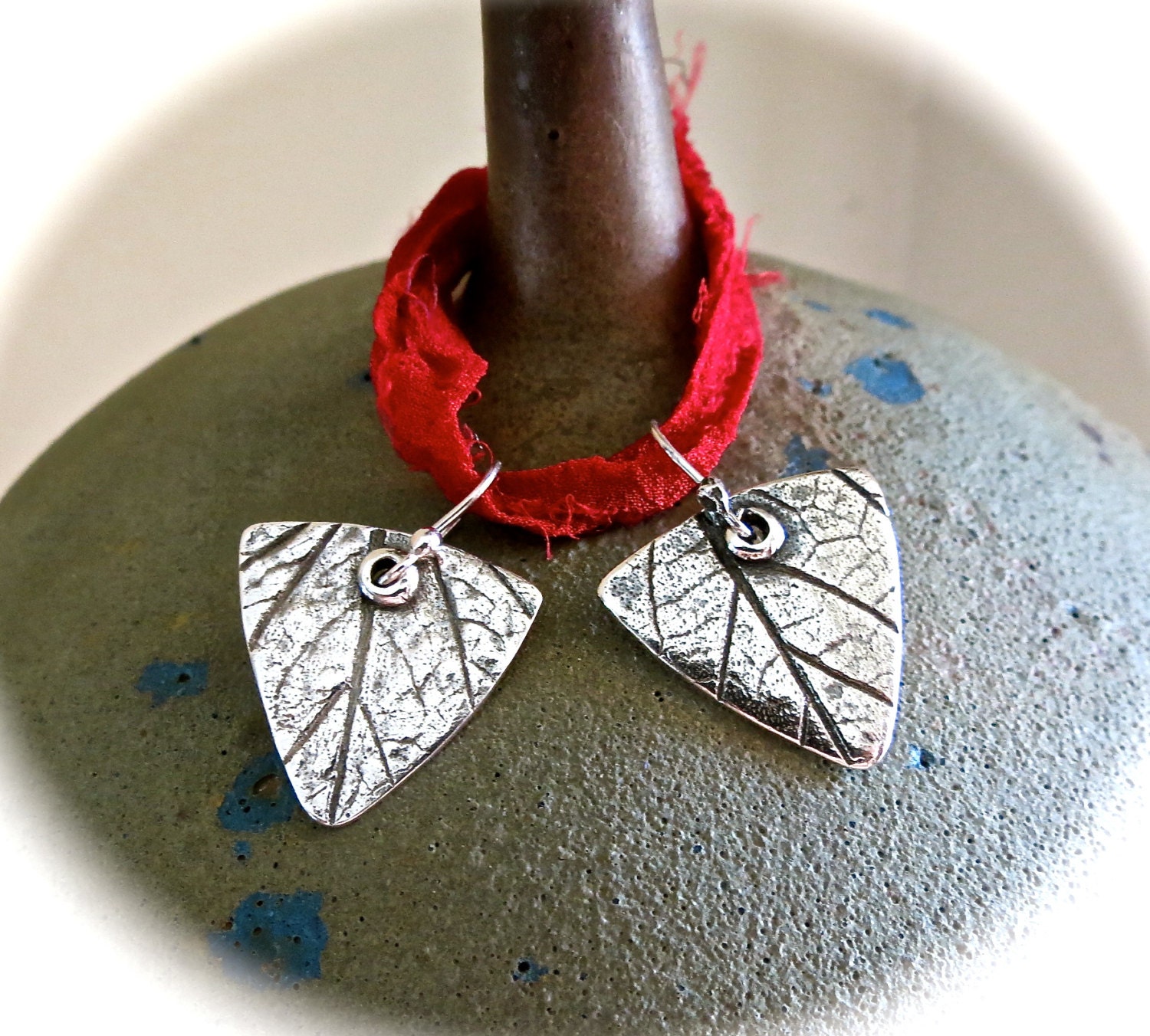 Pure Silver Dangle Earrings Leaf Vein Design Triangular w/Sterling Earwire
