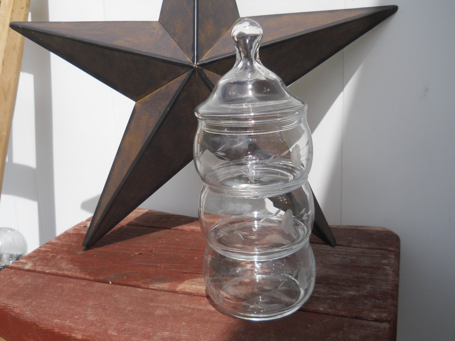 Three Tiered Apothecary Jar With Etched Flower