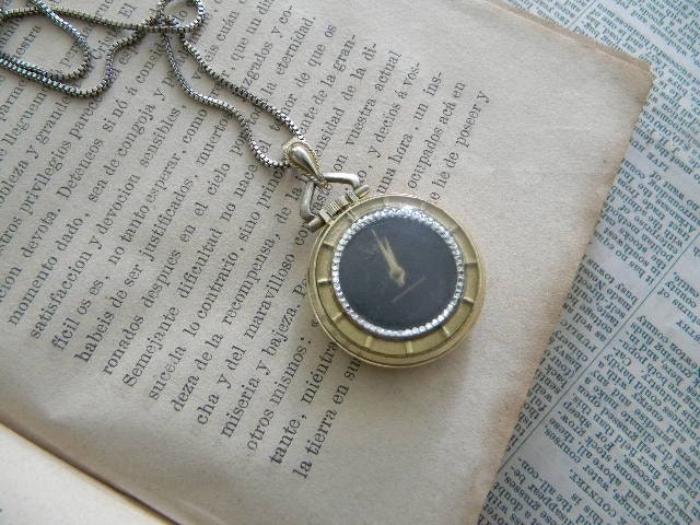 watch pendant necklace. vintage. retro. gold tone.