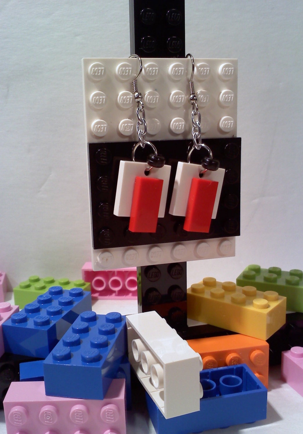 Upcycled Lego Earrings, WHITE RED BLACK