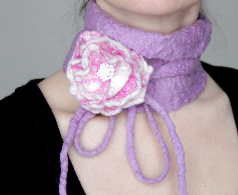Felted lilac scarf wrap necklace with flower brooch