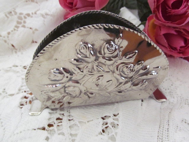 Vintage Silver Plate Rose Bouquet Napkin Holder