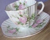 Antique pink roses tea cup and saucer set, vintage 1930's Heathcote English bone china tea set