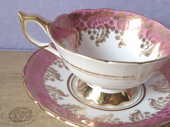 vintage pink tea cup and saucer set, Royal Stafford English tea set