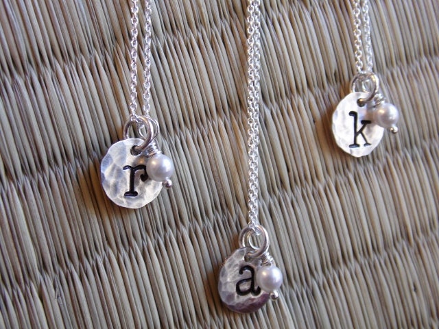 Set of 3 Monogram Hand Stamped Necklace Distressed Sterling Silver Disc