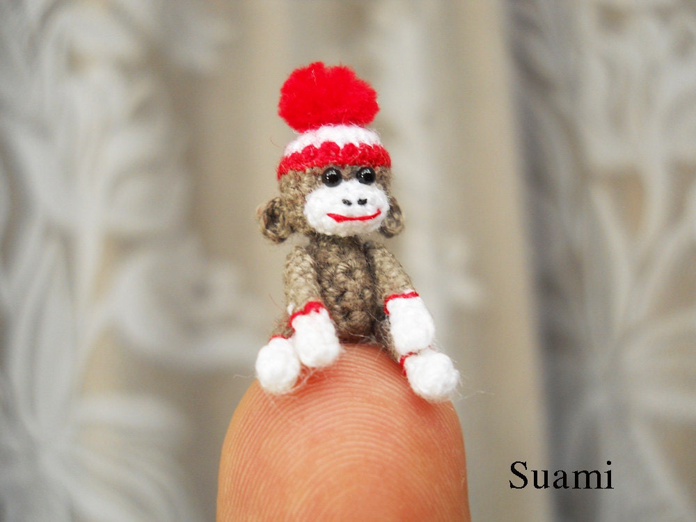 Sock Monkey Pom Pom Hat - 1 Inch Tiny Crocheted Gray Sock Monkeys - Made To Order