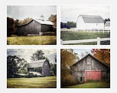 Rustic Barn Print Set, Landscape Photography Set of 4 Prints, Grey Red Farmhouse Country Farm Barn Pictures Set Barn Landscape Print Pack.