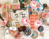 Vintage Mixed Media Lot, Skeleton Keys, Cards, Bingo Pieces, Watch Face, Scrabble Tiles