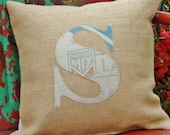 Monogram Letter "S" Initial Burlap Pillow- VintageFeedsack -Appliqued- Wedding- Anniversary- Insert Included-ready to ship