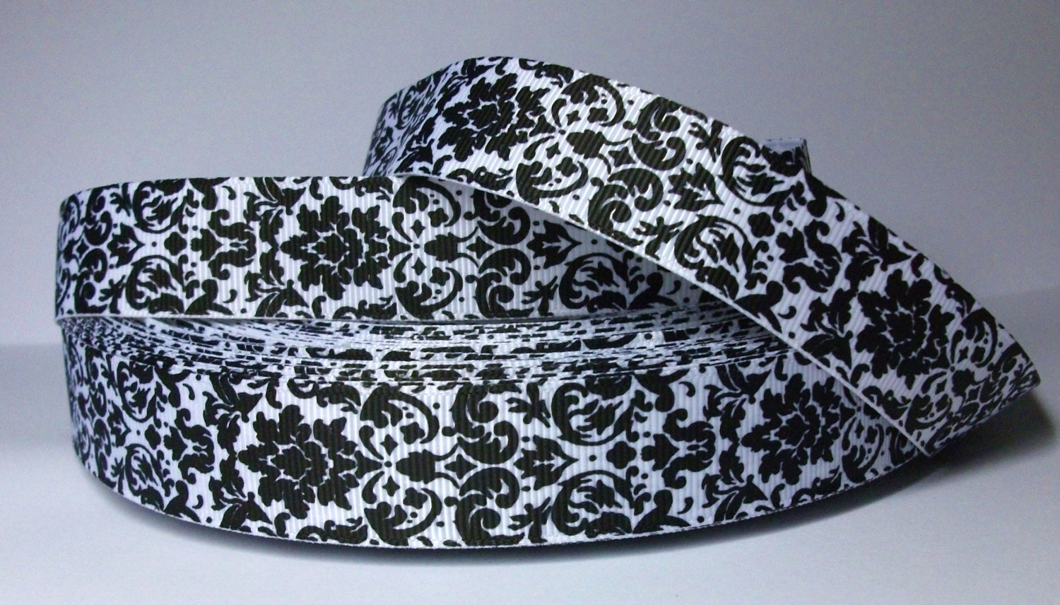 2mts Damask, Pattern, Black, White 7/8" Grosgrain Ribbon