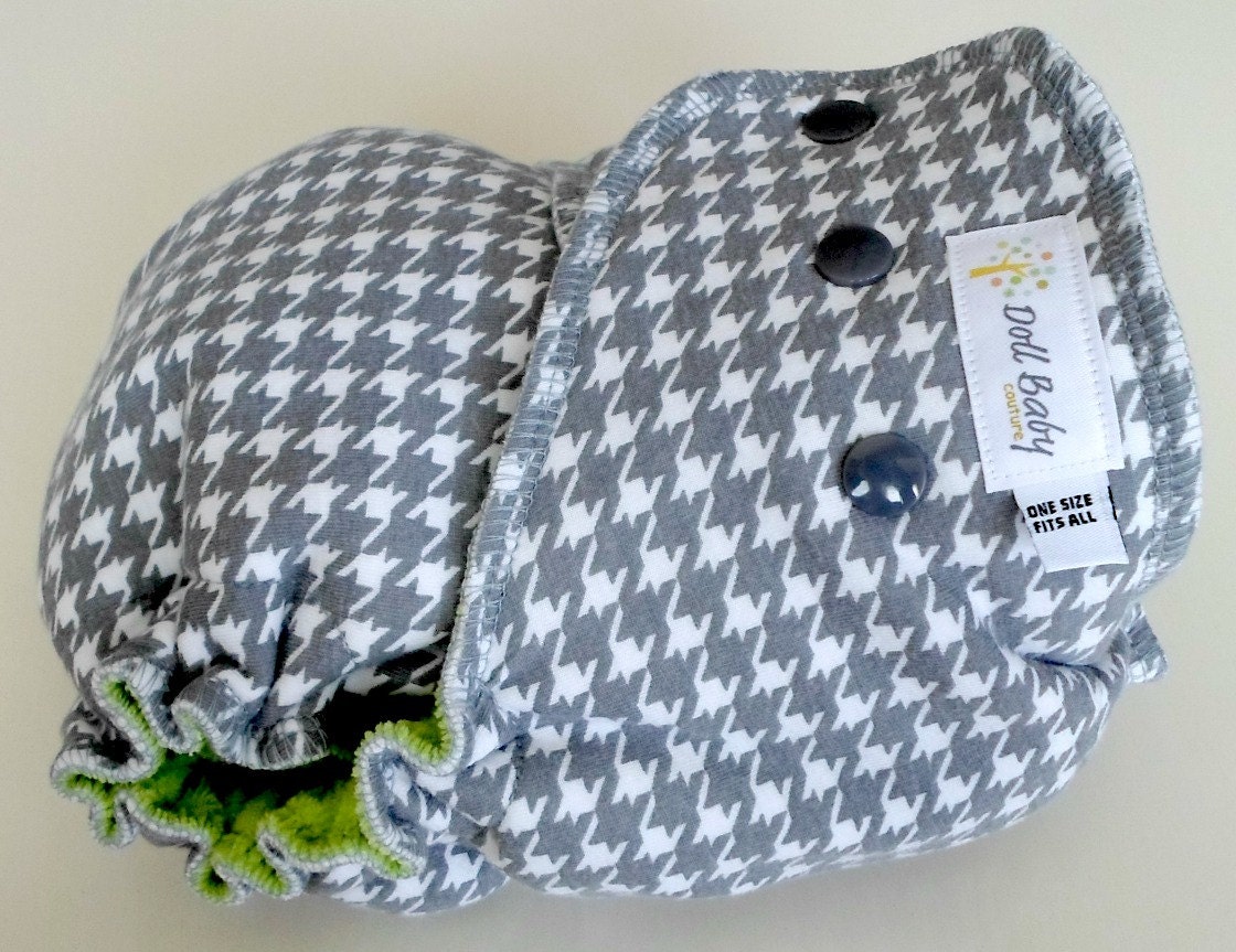 Fitted Diaper in Grey Hounds Tooth - OS 12lbs-35lbs - serged  lime cv