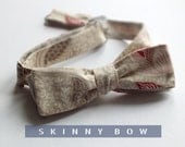 skinny style bow tie, freestyle, self tie bowtie for men - natural colours, linen on reverse.
