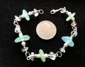 Surf tumbled, authentic aqua beach glass wire linked bracelet