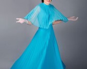 SALE Vintage Long Pleated Dress, Dress with Cape, 1970s Susan Wayne Evening Gown