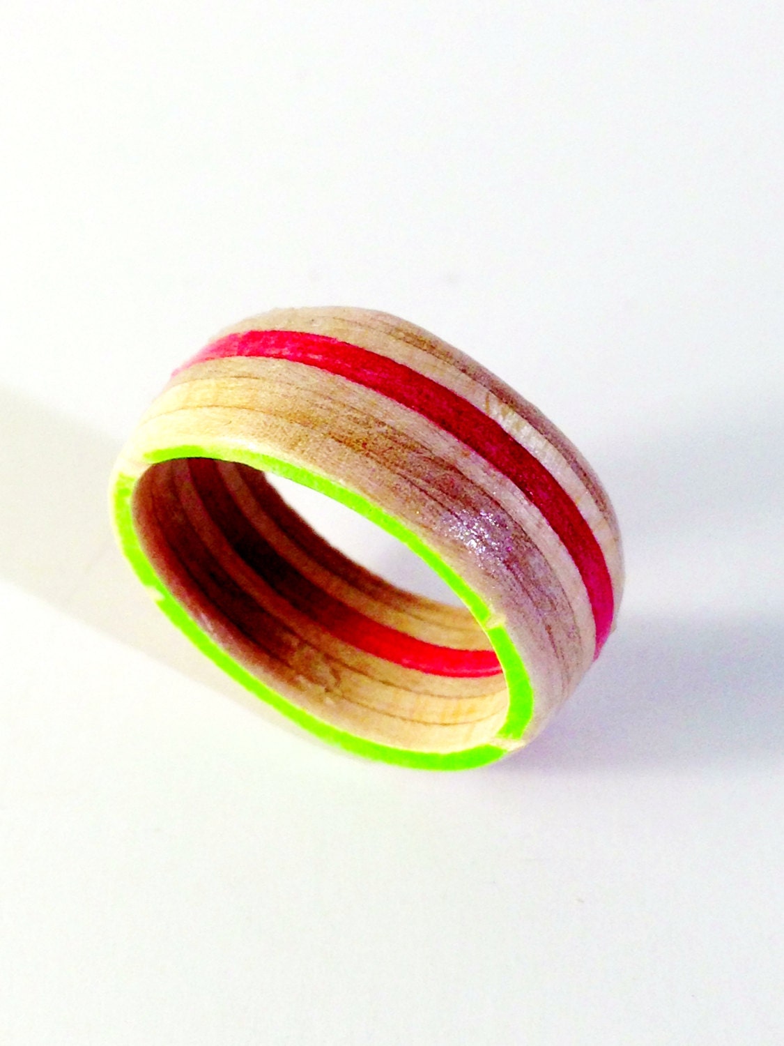 Recycled Skateboard Wood Ring Size 7.5 Natural, Red and a hint of Neon Green