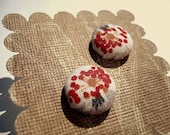 White and red floral handmade fabrics summer button earrings