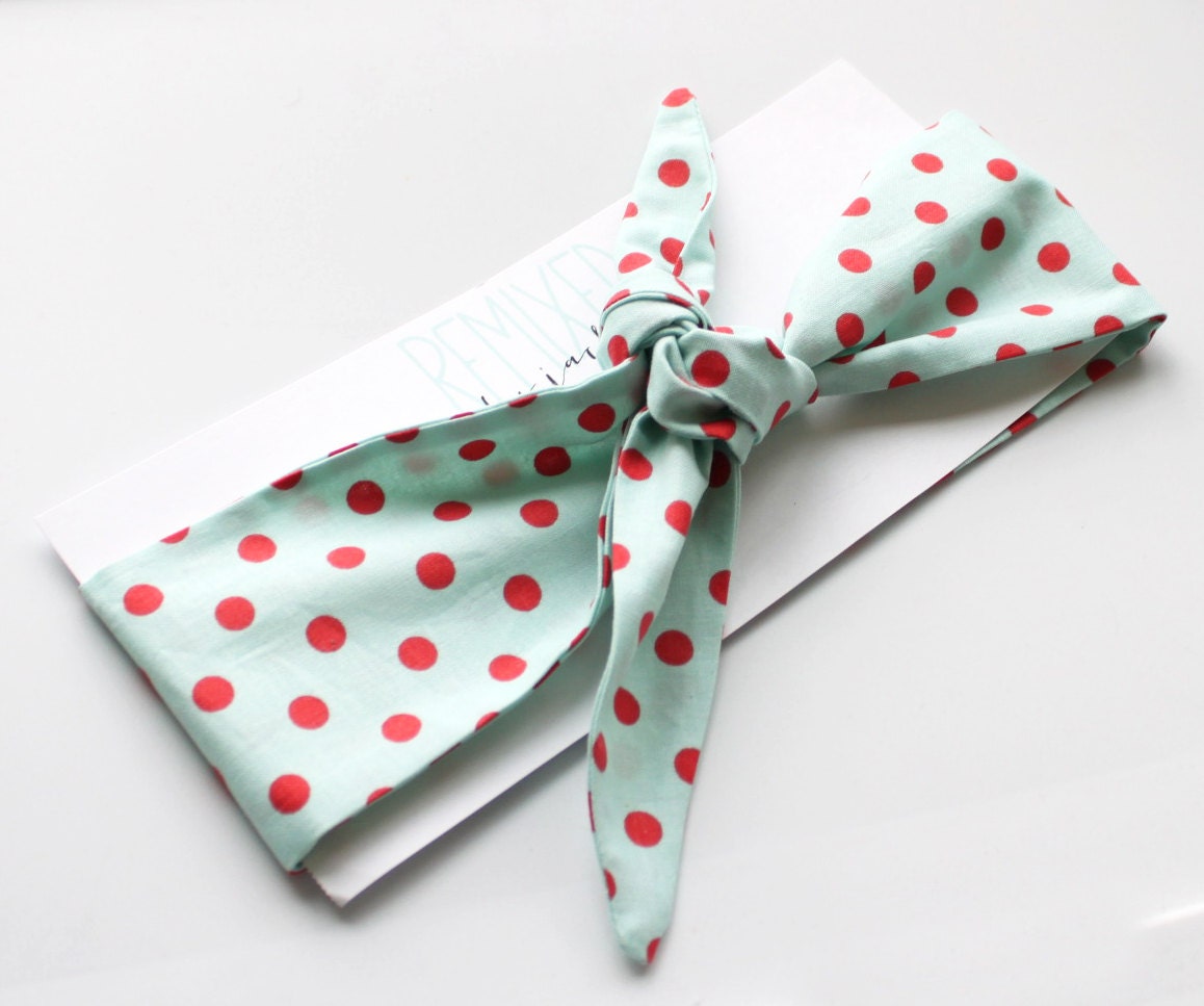 Tie Up Head Scarf Aqua Blue and Red Polka Dot - Headband