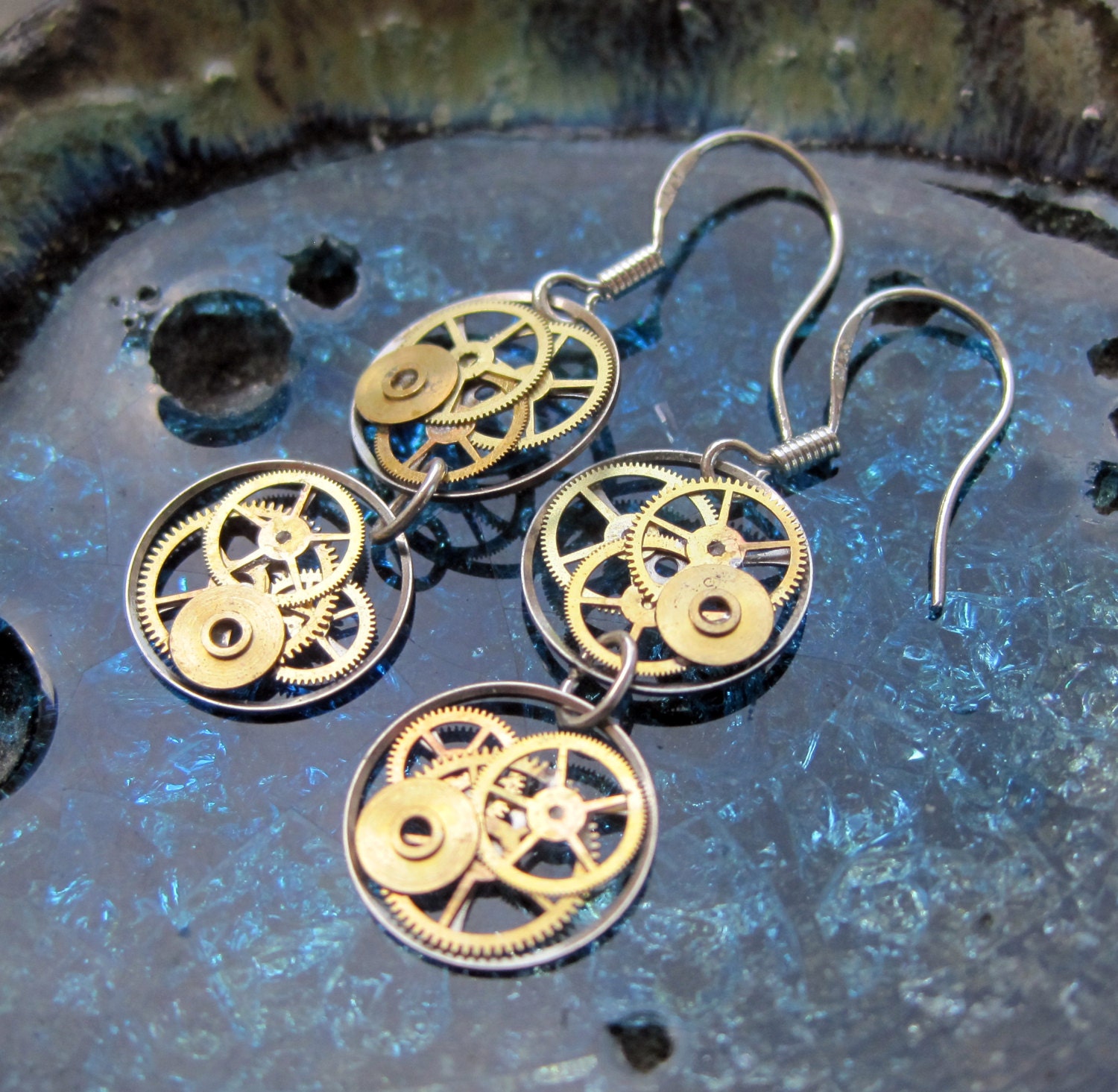 Steampunk Earrings Gearrings "Rho" Elegant Recycled Mechanical Watch Gear Dangle Sterling Silver French Wire Hook Steampunk Earrings