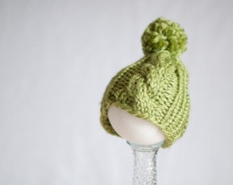 Cabled Newborn Beanie, Muted Green