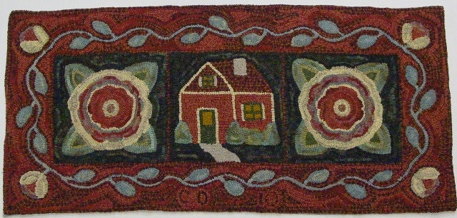 Rug Hooking Pattern on Primitive Linen, House and Flowers, J610